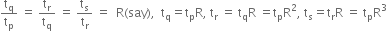 straight t subscript straight q over straight t subscript straight p space equals space straight t subscript straight r over straight t subscript straight q space equals space straight t subscript straight s over straight t subscript straight r space equals space space straight R left parenthesis say right parenthesis comma space space straight t subscript straight q equals straight t subscript straight p straight R comma space straight t subscript straight r space equals space straight t subscript straight q straight R space equals straight t subscript straight p straight R squared comma space straight t subscript straight s equals straight t subscript straight r straight R space equals space straight t subscript straight p straight R cubed