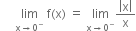 space space space space space limit as straight x rightwards arrow 0 to the power of minus of space straight f left parenthesis straight x right parenthesis space equals space limit as straight x rightwards arrow 0 to the power of minus of fraction numerator open vertical bar straight x close vertical bar over denominator straight x end fraction