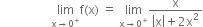 space space space space space space space space space space space space space space space space space limit as straight x rightwards arrow 0 to the power of plus of straight f left parenthesis straight x right parenthesis space equals space limit as straight x rightwards arrow 0 to the power of plus of fraction numerator straight x over denominator open vertical bar straight x close vertical bar plus 2 straight x squared end fraction