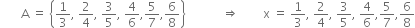 space space space space space space space straight A space equals space open curly brackets 1 third comma space 2 over 4 comma space 3 over 5 comma space 4 over 6 comma 5 over 7 comma 6 over 8 close curly brackets space space space space space space space space space space space space rightwards double arrow space space space space space space space space straight x space equals space 1 third comma space 2 over 4 comma space 3 over 5 comma space 4 over 6 comma 5 over 7 comma 6 over 8