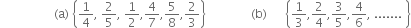 space space space space space space space space space space space space space space space space space space left parenthesis straight a right parenthesis space open curly brackets 1 fourth comma space 2 over 5 comma space 1 half comma 4 over 7 comma 5 over 8 comma 2 over 3 close curly brackets space space space space space space space space space space space space space space space left parenthesis straight b right parenthesis space space space space space space open curly brackets 1 third comma 2 over 4 comma 3 over 5 comma 4 over 6 comma space....... space close curly brackets