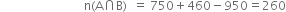 space space space space space space space space space space space space space space space space space space space space space space space space space space space space straight n left parenthesis straight A intersection straight B right parenthesis space space equals space 750 plus 460 minus 950 equals 260