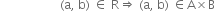 space space space space space space space space space space space space space space space space space space space space left parenthesis straight a comma space straight b right parenthesis space element of space straight R rightwards double arrow space left parenthesis straight a comma space straight b right parenthesis space element of straight A cross times straight B