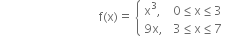 space space space space space space space space space space space space space space space space space space space space space space space space space space space space space space space space space straight f left parenthesis straight x right parenthesis equals space open curly brackets table attributes columnalign left columnspacing 1.4ex end attributes row cell straight x cubed comma end cell cell 0 less or equal than straight x less or equal than 3 end cell row cell 9 straight x comma end cell cell 3 less or equal than straight x less or equal than 7 end cell end table close