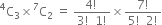 straight C presuperscript 4 subscript 3 cross times straight C presuperscript 7 subscript 2 space equals space fraction numerator 4 factorial space over denominator 3 factorial space space 1 factorial end fraction cross times fraction numerator 7 factorial over denominator 5 factorial space space 2 factorial end fraction