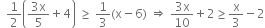 space space 1 half open parentheses fraction numerator 3 straight x over denominator 5 end fraction plus 4 close parentheses space greater or equal than space 1 third left parenthesis straight x minus 6 right parenthesis space rightwards double arrow space fraction numerator 3 straight x over denominator 10 end fraction plus 2 greater or equal than straight x over 3 minus 2