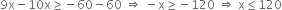 9 straight x minus 10 straight x greater or equal than negative 60 minus 60 space rightwards double arrow space minus straight x greater or equal than negative 120 space rightwards double arrow space straight x less or equal than 120