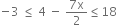 negative 3 space less or equal than space 4 space minus space fraction numerator 7 straight x over denominator 2 end fraction less or equal than 18