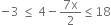 negative 3 space less or equal than space 4 minus fraction numerator 7 straight x over denominator 2 end fraction less or equal than 18