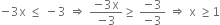 negative 3 straight x space less or equal than space minus 3 space rightwards double arrow space fraction numerator negative 3 straight x over denominator negative 3 end fraction greater or equal than space fraction numerator negative 3 over denominator negative 3 end fraction space rightwards double arrow space straight x space greater or equal than 1