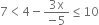 7 less than 4 minus fraction numerator 3 straight x over denominator negative 5 end fraction less or equal than 10