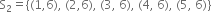 straight S subscript 2 equals left curly bracket left parenthesis 1 comma 6 right parenthesis comma space left parenthesis 2 comma 6 right parenthesis comma space left parenthesis 3 comma space 6 right parenthesis comma space left parenthesis 4 comma space 6 right parenthesis comma space left parenthesis 5 comma space 6 right parenthesis right curly bracket