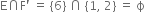 straight E intersection straight F apostrophe space equals space open curly brackets 6 close curly brackets space intersection space open curly brackets 1 comma space 2 close curly brackets space equals space straight ϕ