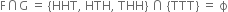 straight F intersection straight G space equals space left curly bracket HHT comma space HTH comma space THH right curly bracket space intersection space left curly bracket TTT right curly bracket space equals space straight ϕ