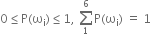 0 less or equal than straight P left parenthesis straight omega subscript straight i right parenthesis less or equal than 1 comma space sum from 1 to 6 of straight P left parenthesis straight omega subscript straight i right parenthesis space equals space 1