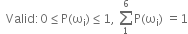 space space Valid colon 0 less or equal than straight P left parenthesis straight omega subscript straight i right parenthesis less or equal than 1 comma space sum from 1 to 6 of straight P left parenthesis straight omega subscript straight i right parenthesis space equals 1