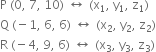 straight P space left parenthesis 0 comma space 7 comma space 10 right parenthesis space left right arrow space left parenthesis straight x subscript 1 comma space straight y subscript 1 comma space straight z subscript 1 right parenthesis
straight Q space left parenthesis negative 1 comma space 6 comma space 6 right parenthesis space left right arrow space left parenthesis straight x subscript 2 comma space straight y subscript 2 comma space straight z subscript 2 right parenthesis
straight R space left parenthesis negative 4 comma space 9 comma space 6 right parenthesis space left right arrow space left parenthesis straight x subscript 3 comma space straight y subscript 3 comma space straight z subscript 3 right parenthesis