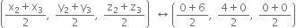 open parentheses fraction numerator straight x subscript 2 plus straight x subscript 3 over denominator 2 end fraction comma space fraction numerator straight y subscript 2 plus straight y subscript 3 over denominator 2 end fraction comma space fraction numerator straight z subscript 2 plus straight z subscript 3 over denominator 2 end fraction close parentheses space left right arrow space open parentheses fraction numerator 0 plus 6 over denominator 2 end fraction comma space fraction numerator 4 plus 0 over denominator 2 end fraction comma space fraction numerator 0 plus 0 over denominator 2 end fraction close parentheses