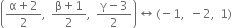 open parentheses fraction numerator straight alpha plus 2 over denominator 2 end fraction comma space fraction numerator straight beta plus 1 over denominator 2 end fraction comma space fraction numerator straight gamma minus 3 over denominator 2 end fraction close parentheses left right arrow space left parenthesis negative 1 comma space minus 2 comma space 1 right parenthesis