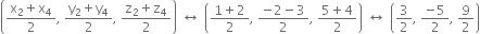 open parentheses fraction numerator straight x subscript 2 plus straight x subscript 4 over denominator 2 end fraction comma space fraction numerator straight y subscript 2 plus straight y subscript 4 over denominator 2 end fraction comma space fraction numerator straight z subscript 2 plus straight z subscript 4 over denominator 2 end fraction close parentheses space left right arrow space open parentheses fraction numerator 1 plus 2 over denominator 2 end fraction comma space fraction numerator negative 2 minus 3 over denominator 2 end fraction comma space fraction numerator 5 plus 4 over denominator 2 end fraction close parentheses space left right arrow space open parentheses 3 over 2 comma space fraction numerator negative 5 over denominator 2 end fraction comma space 9 over 2 close parentheses