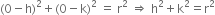 left parenthesis 0 minus straight h right parenthesis squared plus left parenthesis 0 minus straight k right parenthesis squared space equals space straight r squared space rightwards double arrow space straight h squared plus straight k squared equals straight r squared