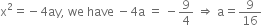 straight x squared equals negative 4 ay comma space we space have space minus 4 straight a space equals space minus 9 over 4 space rightwards double arrow space straight a equals 9 over 16