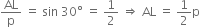 AL over straight p space equals space sin space 30 degree space equals space 1 half space rightwards double arrow space AL space equals space 1 half straight p