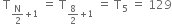 space straight T subscript straight N over 2 plus 1 end subscript space equals space straight T subscript 8 over 2 plus 1 end subscript space equals space straight T subscript 5 space equals space 129