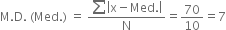 straight M. straight D. space left parenthesis Med. right parenthesis space equals space fraction numerator sum open vertical bar straight x minus Med. close vertical bar over denominator straight N end fraction equals 70 over 10 equals 7