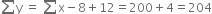 sum from blank to blank of straight y space equals space sum from blank to blank of straight x minus 8 plus 12 equals 200 plus 4 equals 204