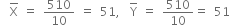 space space top enclose straight X space equals space 510 over 10 space equals space 51 comma space space top enclose straight Y space equals space 510 over 10 equals space 51