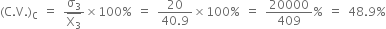 left parenthesis straight C. straight V. right parenthesis subscript straight C space equals space fraction numerator straight sigma subscript 3 over denominator top enclose straight X subscript 3 end enclose end fraction cross times 100 % space equals space fraction numerator 20 over denominator 40.9 end fraction cross times 100 % space equals space 20000 over 409 % space equals space 48.9 %