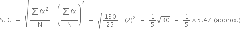 straight S. straight D. space equals space square root of fraction numerator begin display style sum from blank to blank of end style f x to the power of italic 2 over denominator straight N end fraction minus open parentheses fraction numerator begin display style sum from blank to blank of end style f x over denominator straight N end fraction close parentheses squared end root space equals space square root of 130 over 25 minus left parenthesis 2 right parenthesis squared end root space equals space 1 fifth square root of 30 space equals space 1 fifth cross times 5.47 space left parenthesis approx. right parenthesis