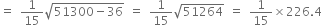 equals space 1 over 15 square root of 51300 minus 36 end root space equals space 1 over 15 square root of 51264 space equals space 1 over 15 cross times 226.4