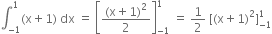 integral subscript negative 1 end subscript superscript 1 left parenthesis straight x plus 1 right parenthesis space dx space equals space open square brackets fraction numerator left parenthesis straight x plus 1 right parenthesis squared over denominator 2 end fraction close square brackets subscript negative 1 end subscript superscript 1 space equals space 1 half space left square bracket left parenthesis straight x plus 1 right parenthesis squared right square bracket subscript negative 1 end subscript superscript 1