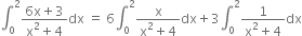 integral subscript 0 superscript 2 fraction numerator 6 straight x plus 3 over denominator straight x squared plus 4 end fraction dx space equals space 6 integral subscript 0 superscript 2 fraction numerator straight x over denominator straight x squared plus 4 end fraction dx plus 3 integral subscript 0 superscript 2 fraction numerator 1 over denominator straight x squared plus 4 end fraction dx