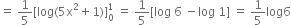 equals space 1 fifth left square bracket log left parenthesis 5 straight x squared plus 1 right parenthesis right square bracket subscript 0 superscript 1 space equals space 1 fifth left square bracket log space 6 space minus log space 1 right square bracket space equals space 1 fifth log 6