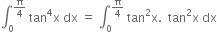 integral subscript 0 superscript straight pi over 4 end superscript space tan to the power of 4 straight x space dx space equals space integral subscript 0 superscript straight pi over 4 end superscript space tan squared straight x. space space tan squared straight x space dx