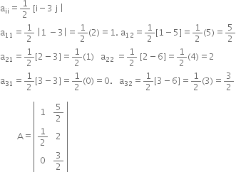 straight a subscript ii equals 1 half space left square bracket straight i minus 3 space straight j space vertical line
straight a subscript 11 equals 1 half space vertical line 1 space minus 3 vertical line equals 1 half left parenthesis 2 right parenthesis equals 1. space straight a subscript 12 equals 1 half left square bracket 1 minus 5 right square bracket equals 1 half left parenthesis 5 right parenthesis equals 5 over 2
straight a subscript 21 equals 1 half left square bracket 2 minus 3 right square bracket equals 1 half left parenthesis 1 right parenthesis space space space straight a subscript 22 space equals 1 half space left square bracket 2 minus 6 right square bracket equals 1 half left parenthesis 4 right parenthesis equals 2
straight a subscript 31 equals 1 half left square bracket 3 minus 3 right square bracket equals 1 half left parenthesis 0 right parenthesis equals 0. space space space straight a subscript 32 equals 1 half left square bracket 3 minus 6 right square bracket equals 1 half left parenthesis 3 right parenthesis equals 3 over 2

space space space space space space space space straight A equals open vertical bar table row 1 cell 5 over 2 end cell row cell 1 half end cell 2 row 0 cell 3 over 2 end cell end table close vertical bar