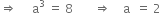 rightwards double arrow space space space space space straight a cubed space equals space 8 space space space space space space space rightwards double arrow space space space space straight a space space equals space 2