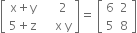 open square brackets table row cell straight x plus straight y space space space space end cell 2 row cell 5 plus straight z space space space space end cell cell straight x space straight y end cell end table close square brackets equals space open square brackets table row 6 2 row 5 8 end table close square brackets