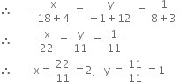 therefore space space space space space space space space fraction numerator straight x over denominator 18 plus 4 end fraction equals fraction numerator straight y over denominator negative 1 plus 12 end fraction equals fraction numerator 1 over denominator 8 plus 3 end fraction
therefore space space space space space space space space space straight x over 22 equals straight y over 11 equals 1 over 11
therefore space space space space space space space space straight x equals 22 over 11 equals 2 comma space space space straight y space equals 11 over 11 equals 1
