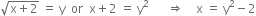 square root of straight x plus 2 end root space equals space straight y space space or space space straight x plus 2 space equals space straight y squared space space space space space space rightwards double arrow space space space space straight x space equals space straight y squared minus 2
