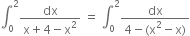 integral subscript 0 superscript 2 fraction numerator dx over denominator straight x plus 4 minus straight x squared end fraction space equals space integral subscript 0 superscript 2 fraction numerator dx over denominator 4 minus left parenthesis straight x squared minus straight x right parenthesis end fraction