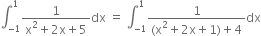 integral subscript negative 1 end subscript superscript 1 fraction numerator 1 over denominator straight x squared plus 2 straight x plus 5 end fraction dx space equals space integral subscript negative 1 end subscript superscript 1 fraction numerator 1 over denominator left parenthesis straight x squared plus 2 straight x plus 1 right parenthesis plus 4 end fraction dx