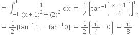 equals space integral subscript negative 1 end subscript superscript 1 fraction numerator 1 over denominator left parenthesis straight x plus 1 right parenthesis squared plus left parenthesis 2 right parenthesis squared end fraction dx space equals space 1 half open square brackets tan to the power of negative 1 end exponent open parentheses fraction numerator straight x plus 1 over denominator 2 end fraction close parentheses close square brackets subscript negative 1 end subscript superscript 1
equals space 1 half left square bracket tan to the power of negative 1 end exponent 1 space minus space tan to the power of negative 1 end exponent 0 right square bracket space equals space 1 half open parentheses straight pi over 4 minus 0 close parentheses space equals space straight pi over 8