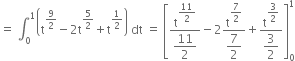 equals space integral subscript 0 superscript 1 open parentheses straight t to the power of 9 over 2 end exponent minus 2 straight t to the power of 5 over 2 end exponent plus straight t to the power of 1 half end exponent close parentheses space dt space equals space open square brackets fraction numerator straight t to the power of begin display style 11 over 2 end style end exponent over denominator begin display style 11 over 2 end style end fraction minus 2 fraction numerator straight t to the power of begin display style 7 over 2 end style end exponent over denominator begin display style 7 over 2 end style end fraction plus fraction numerator straight t to the power of begin display style 3 over 2 end style end exponent over denominator begin display style 3 over 2 end style end fraction close square brackets subscript 0 superscript 1