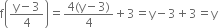 straight f open parentheses fraction numerator straight y minus 3 over denominator 4 end fraction close parentheses equals fraction numerator 4 left parenthesis straight y minus 3 right parenthesis over denominator 4 end fraction plus 3 equals straight y minus 3 plus 3 equals straight y