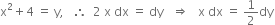 straight x squared plus 4 space equals space straight y comma space space space therefore space space 2 space straight x space dx space equals space dy space space space rightwards double arrow space space space straight x space dx space equals space 1 half dy