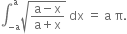 integral subscript negative straight a end subscript superscript straight a square root of fraction numerator straight a minus straight x over denominator straight a plus straight x end fraction end root space dx space equals space straight a space straight pi.